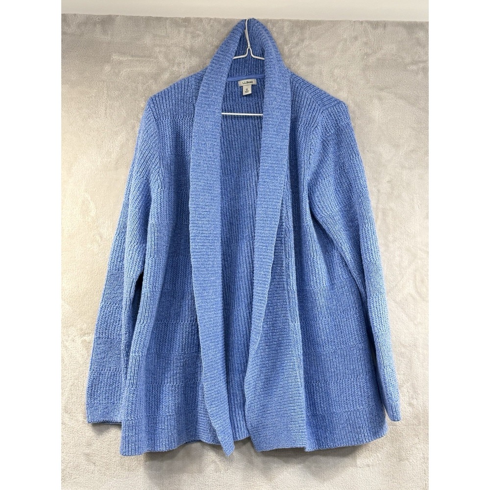 L.L.Bean Cardigan Sweater Womens XL Blue Cotton Chunky Knit Shawl Collar